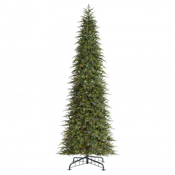 Glitzhome 15ft Pre-Lit Green Slim Fir Artificial Christmas Tree with 1500 Warm White/Multi-color LED Lights, 9 Function, w/Remote Control, Simple Setup