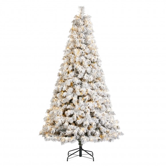 Glitzhome 7.5ft Pre-Lit Flocked Full Spruce Artificial Christmas Tree with 500 Warm White C3 Clear LED Lights, 3 Function w/Foot Pedal