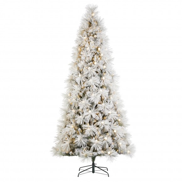 Glitzhome 9ft Pre-Lit Flocked Full Pine Artificial Christmas Tree with 800 G40 Warm White Globe LED Lights, 3 Function w/Foot Pedal, Simple Setup