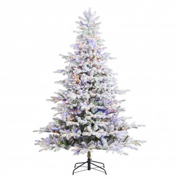 Glitzhome 7.5ft Pre-Lit Flocked Full Fir Artificial Christmas Tree with 580 Warm White/Multicolor LED Lights, 9 Function w/Foot Pedal