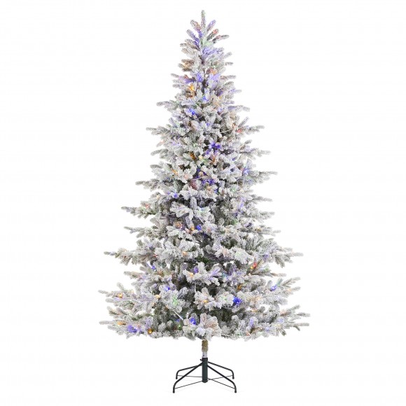 Glitzhome 9ft Pre-Lit Flocked Full Fir Artificial Christmas Tree with 650 Warm White/Multicolor LED Lights, 9 Function w/Foot Pedal, Simple Setup