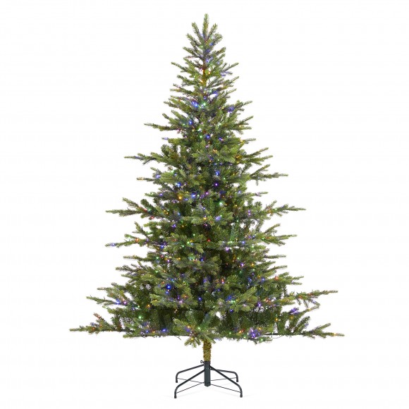 Glitzhome 7.5ft Pre-Lit Green Full Fir Artificial Christmas Tree with 1600 Warm White/Multi-color Horse Race LED Lights, 9 Function w/Foot Pedal and Remote Control, Simple Setup