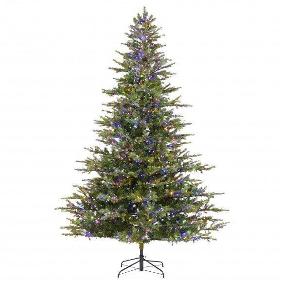 Glitzhome 9ft Pre-Lit Green Full Fir Artificial Christmas Tree with 2000 Warm White/Multi-color Horse Race LED Lights, 9 Function w/Foot Pedal and Remote Control, Simple Setup