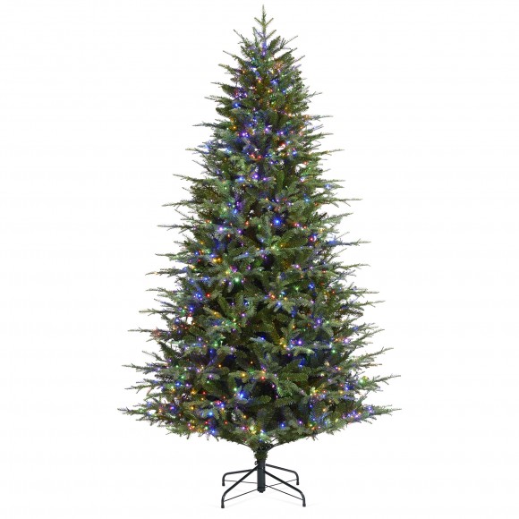 Glitzhome 7.5ft Pre-Lit Green Full Fir Artificial Christmas Tree with 1800 Warm White/Multi-color Horse Race LED Lights, 9 Function w/Foot Pedal and Remote Control, Simple Setup