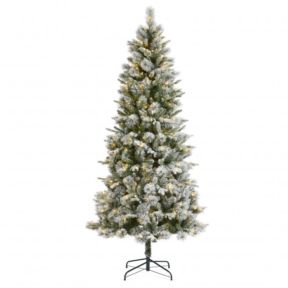 Glitzhome 7.5ft Pre-Lit Flocked Slim Pine Artificial Christmas Tree with 350 Warm White LED lights, 3 funciton w/ Foot Pedal and Remote Control