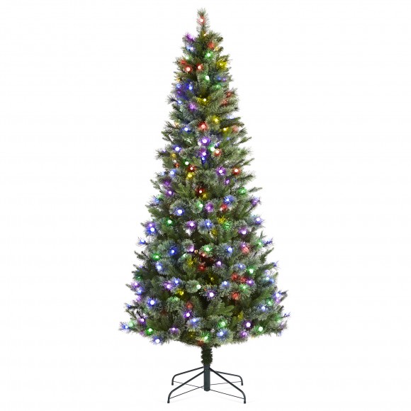 Glitzhome 7.5ft Pre-Lit Green Cashmere Slim Pine Artificial Christmas Tree with 350 Warm White and Multi-color Globe LED Lights, 9 funciton w/ Foot Pedal and Remote Control