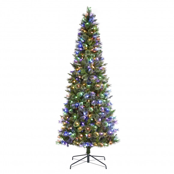 Glitzhome 9ft Pre-Lit Green Cashmere Slim Pine Artificial Christmas Tree with 450 Warm White and Multi-color Globe LED Lights, 9 funciton w/ Foot Pedal and Remote Control, Simple Setup