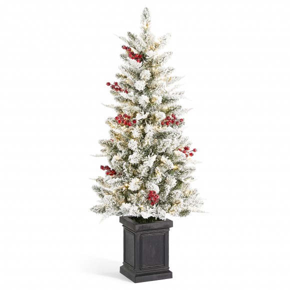 Glitzhome 4ft Pre-Lit Flocked Artificial Christmas Porch Tree with and Red Berries and 60 Warm White/Multi-color Lights,2 function w/Foot Pedal