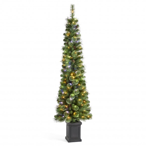 Glitzhome 6ft Pre-Lit Green Cashmere Pine Christmas Porch Tree With pinecones,130 Warm White/Multi-color Lights,9 Function w/Remote control