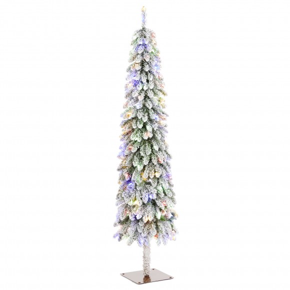 Glitzhome 6ft Pre-Lit Flocked Artificial Christmas Tree with 150 Warm White C3 Clear LED Lights,9 function w/Foot Pedal