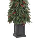 Glitzhome 4ft Pre-lit Green Artificial Christmas Porch Tree with red berries,pinecones and 100 warm white lights,3 function w/Foot Pedal