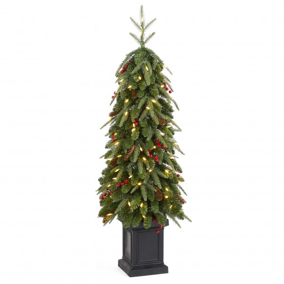 Glitzhome 4ft Pre-lit Green Artificial Christmas Porch Tree with red berries,pinecones and 100 warm white lights,3 function w/Foot Pedal