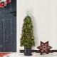 Glitzhome 4ft Pre-lit Green Artificial Christmas Porch Tree with red berries,pinecones and 100 warm white lights,3 function w/Foot Pedal