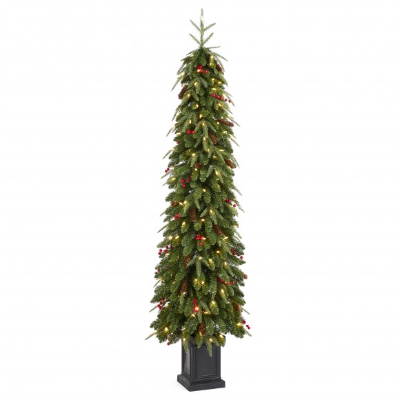Glitzhome 6ft Pre-lit Green Artificial Christmas Porch Tree with red berries,pinecones and 180 warm white lights,3 function w/Foot Pedal