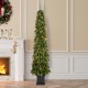 Glitzhome 7ft Pre-lit Green Artificial Christmas Porch Tree with red berries,pinecones and 250 warm white lights,3 function w/Foot Pedal