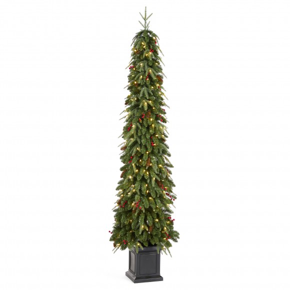 Glitzhome 7ft Pre-lit Green Artificial Christmas Porch Tree with red berries,pinecones and 250 warm white lights,3 function w/Foot Pedal