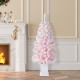 Glitzhome 4ft Pre-Lit Flocked Pink Artificial Christmas Porch Tree with 100 warm white/multi-color LED Lights,8 function w/Foot Pedal