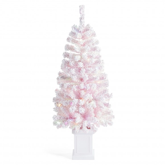 Glitzhome 4ft Pre-Lit Flocked Pink Artificial Christmas Porch Tree with 100 warm white/multi-color LED Lights,8 function w/Foot Pedal
