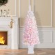 Glitzhome 5ft Pre-Lit Flocked Pink Artificial Christmas Porch Tree with 130 warm white/multi-color LED Lights,8 function w/Foot Pedal