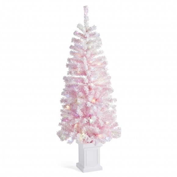Glitzhome 5ft Pre-Lit Flocked Pink Artificial Christmas Porch Tree with 130 warm white/multi-color LED Lights,8 function w/Foot Pedal
