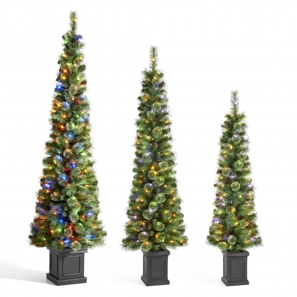 Glitzhome Set of 3 5ft/6ft/7ft Green Cashmere Pine Christmas Porch Tree With pinecones,90/130/200 Warm White/Multi-color Lights,9 Function w/Remote control