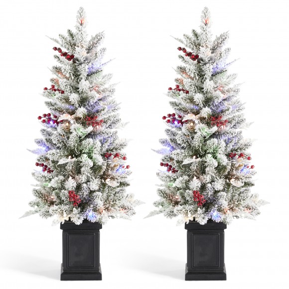Glitzhome Set of 2 4ft Pre-Lit Flocked Artificial Christmas Porch Tree with and Red Berries and 60 Warm White/Multi-color Lights,2 function w/Foot Pedal