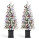 Glitzhome Set of 2 4ft Pre-Lit Flocked Artificial Christmas Porch Tree with and Red Berries and 60 Warm White/Multi-color Lights,2 function w/Foot Pedal