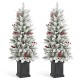 Glitzhome Set of 2 4ft Pre-Lit Flocked Artificial Christmas Porch Tree with and Red Berries and 60 Warm White/Multi-color Lights,2 function w/Foot Pedal