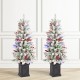 Glitzhome Set of 2 4ft Pre-Lit Flocked Artificial Christmas Porch Tree with and Red Berries and 60 Warm White/Multi-color Lights,2 function w/Foot Pedal