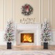 Glitzhome Set of 2 4ft Pre-Lit Flocked Artificial Christmas Porch Tree with and Red Berries and 60 Warm White/Multi-color Lights,2 function w/Foot Pedal