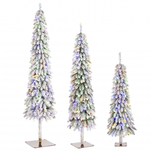 Glitzhome Set of 3 4.5ft/6ft/7.5ft Pre-Lit Flocked Artificial Christmas Tree with 100/150/250 Warm White C3 Clear LED Lights,9 function w/Foot Pedal