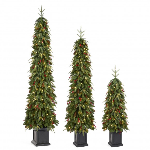 Glitzhome Set of 3 4ft/6ft/7ft Pre-lit Green Artificial Christmas Porch Tree with red berries,pinecones and 250 warm white lights,3 function w/Foot Pedal