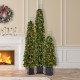 Glitzhome Set of 3 4ft/6ft/7ft Pre-lit Green Artificial Christmas Porch Tree with red berries,pinecones and 250 warm white lights,3 function w/Foot Pedal
