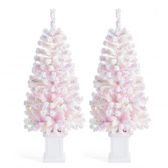 Glitzhome Set of 2 4ft Pre-Lit Flocked Pink Artificial Christmas Porch Tree with 100 warm white/multi-color LED Lights,8 function w/Foot Pedal