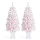 Glitzhome Set of 2 4ft Pre-Lit Flocked Pink Artificial Christmas Porch Tree with 100 warm white/multi-color LED Lights,8 function w/Foot Pedal