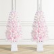 Glitzhome Set of 2 4ft Pre-Lit Flocked Pink Artificial Christmas Porch Tree with 100 warm white/multi-color LED Lights,8 function w/Foot Pedal