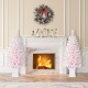 Glitzhome Set of 2 4ft Pre-Lit Flocked Pink Artificial Christmas Porch Tree with 100 warm white/multi-color LED Lights,8 function w/Foot Pedal