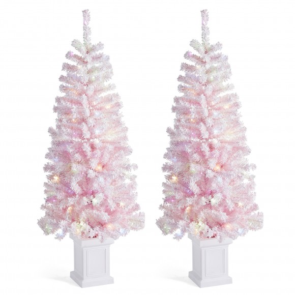 Glitzhome Set of 2 5ft Pre-Lit Flocked Pink Artificial Christmas Porch Tree with 130 warm white/multi-color LED Lights,8 function w/Foot Pedal