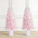 Glitzhome Set of 2 5ft Pre-Lit Flocked Pink Artificial Christmas Porch Tree with 130 warm white/multi-color LED Lights,8 function w/Foot Pedal