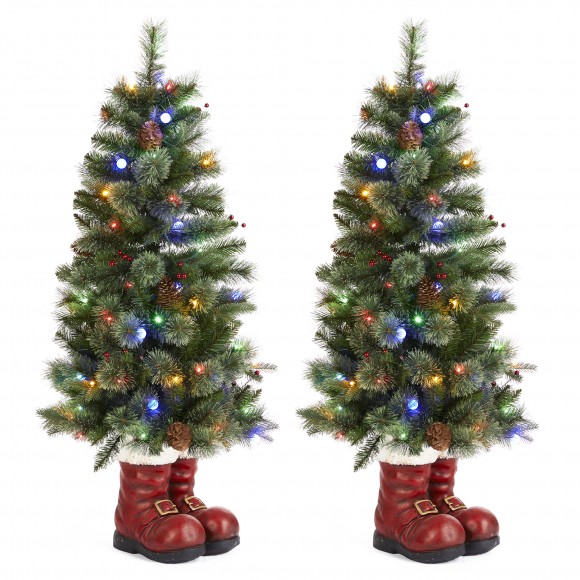 Glitzhome Set of 2 4.5ft Christmas Santa Boots Porch Tree with 75 Warm White/Multi-color LED Lights, including 18 globe LED Lights,9 function w/Foot Pedal