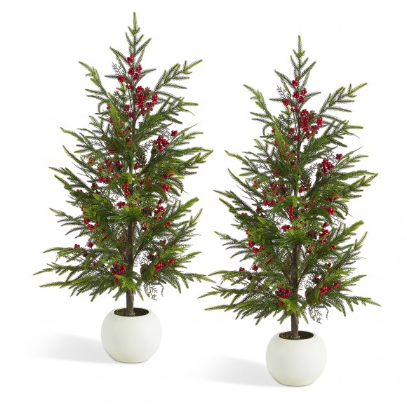 Glitzhome Set of 2 37.5"H Christmas Greenery PE Dripping Pine Porch Tree with Pinecones and Red Berries