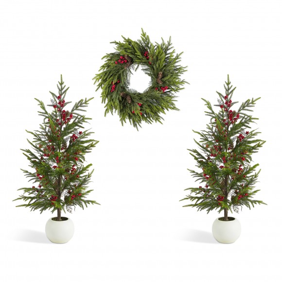Glitzhome Set of 3 37.5"H Christmas Greenery PE Dripping Pine Porch Tree Set and matched 24"D Wreath