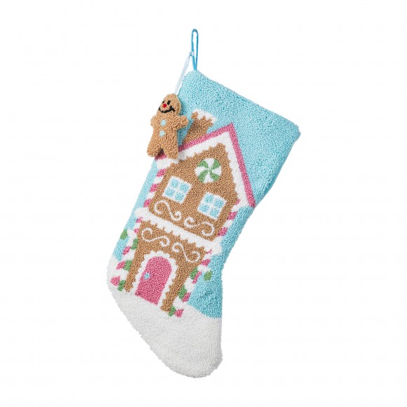 Glitzhome 21"L Hooked Gingerbread House Stocking with Complimentary Gingerbread Man Ornament