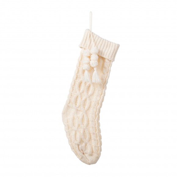 Glitzhome 22"L White Knitted Christmas Stocking with Pompon Tassel