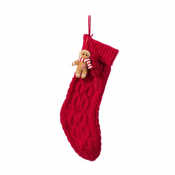 Glitzhome 22"L Red Knitted Christmas Stocking with Complimentary Gingerbread Man Ornament