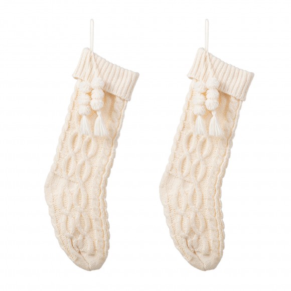 Glitzhome 2pk 22"L White Knitted Christmas Stocking with Pompon Tassel