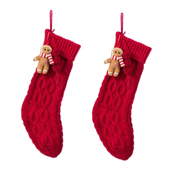 Glitzhome 2pk 22"L Red Knitted Christmas Stocking with Complimentary Gingerbread Man Ornament