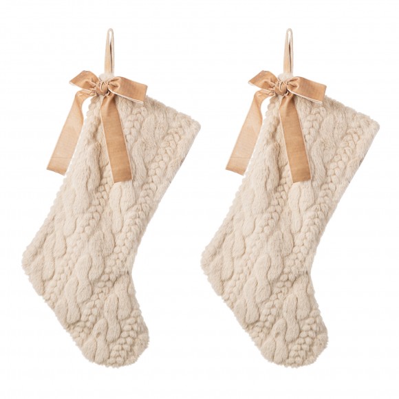 Glitzhome 2pk 21"L Milk Coffee Brown Twisted Faux Marten Fur Christmas Stocking with Bow