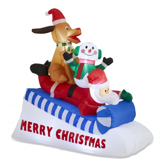 Glitzhome 6FT Lighted Inflatable Skiing Santa, Snowman and Dog