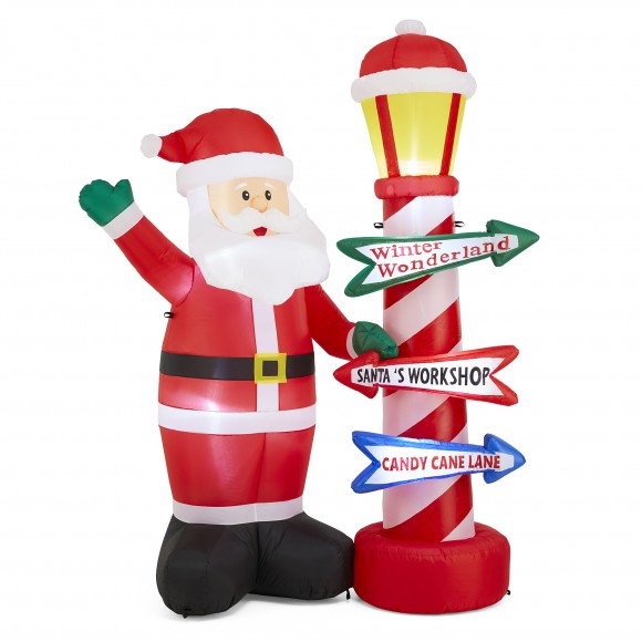 Glitzhome 7FT Lighted Inflatable Santa with Lamp Post Sign Decor